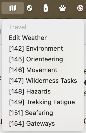 The Travel menu.